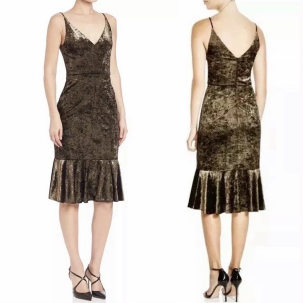 Black Halo Garland Gun Metal Velvet V-neck Flounce Hem Midi Dress Womens Size 12